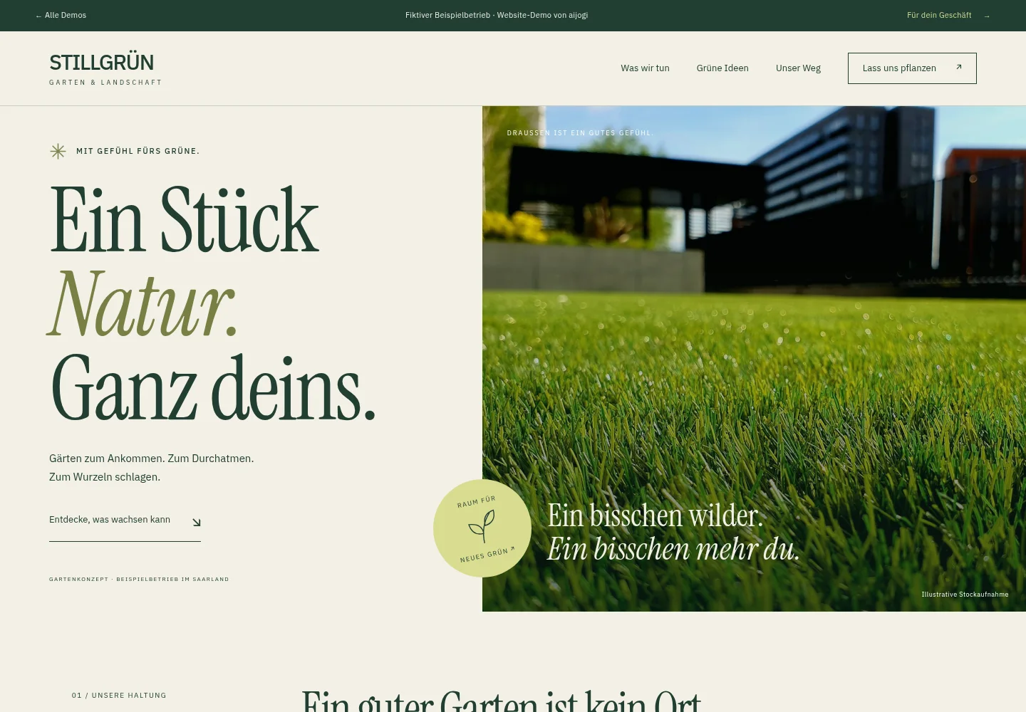 Vorschau der Stillgrün-Website mit Gartenfotografie und natürlicher Farbwelt