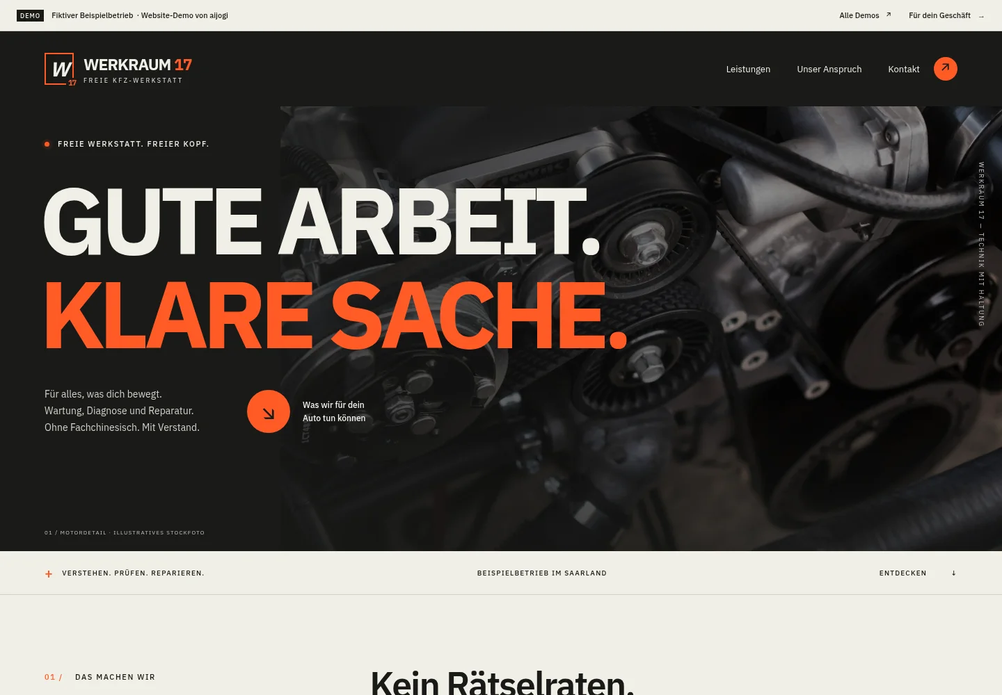 Vorschau der Werkraum-17-Website mit dunklem Design und orangefarbenen Akzenten