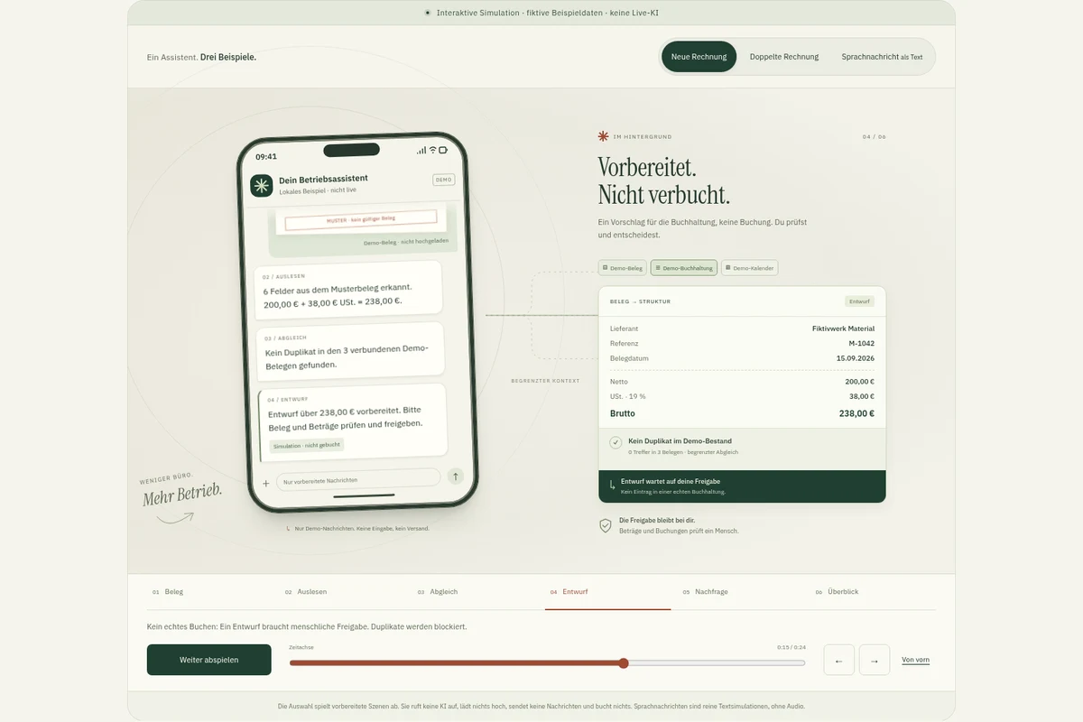 Simuliertes Smartphone mit einer Musterrechnung im Chat und einem vorbereiteten Buchungsvorschlag